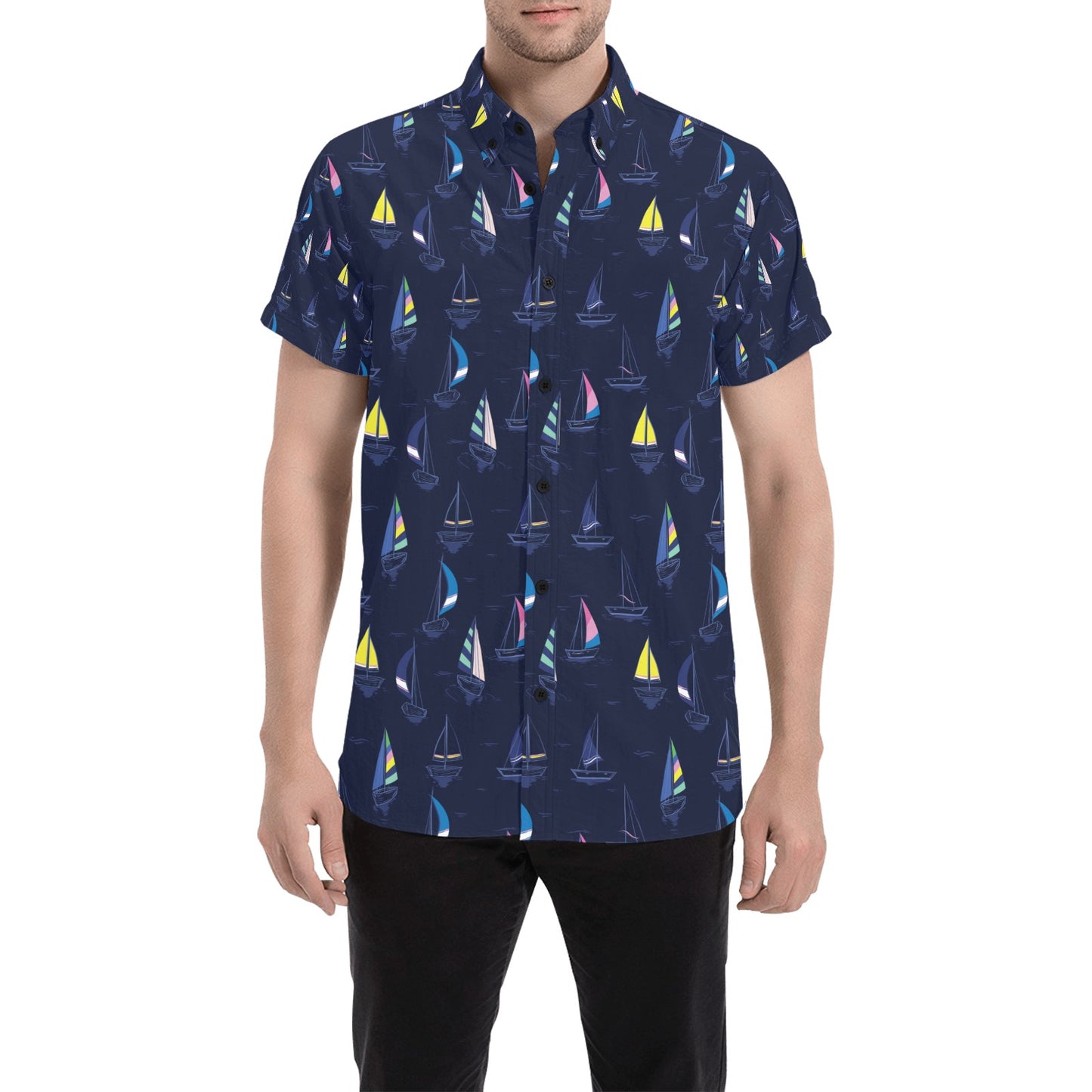 Sailboat Print Design LKS305 Men Short Sleeve Button Up Shirt