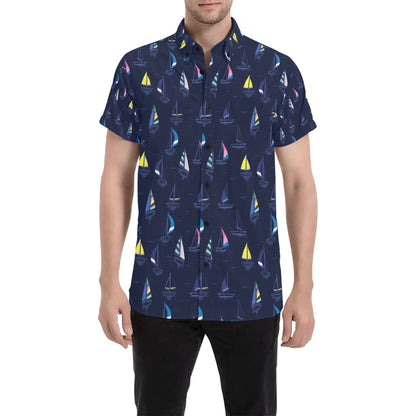 Sailboat Print Design LKS305 Men Short Sleeve Button Up Shirt