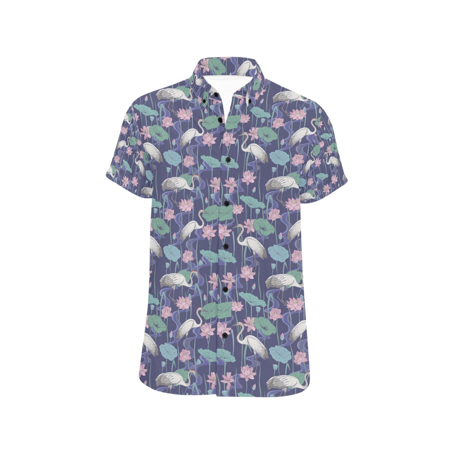 Water Lily Print Design LKS306 Men Short Sleeve Button Up Shirt