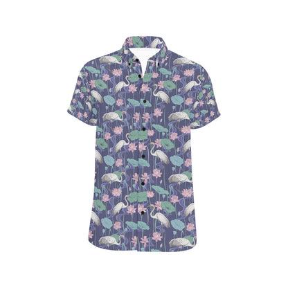 Water Lily Print Design LKS306 Men Short Sleeve Button Up Shirt