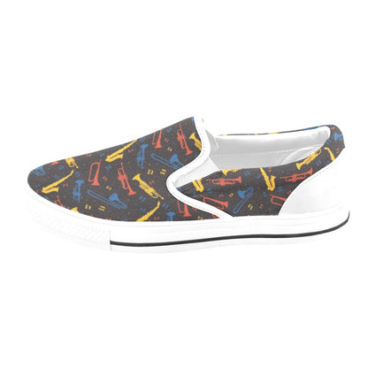 Saxophone Print Design LKS407 White Slip Ons Canvas Women's Shoes