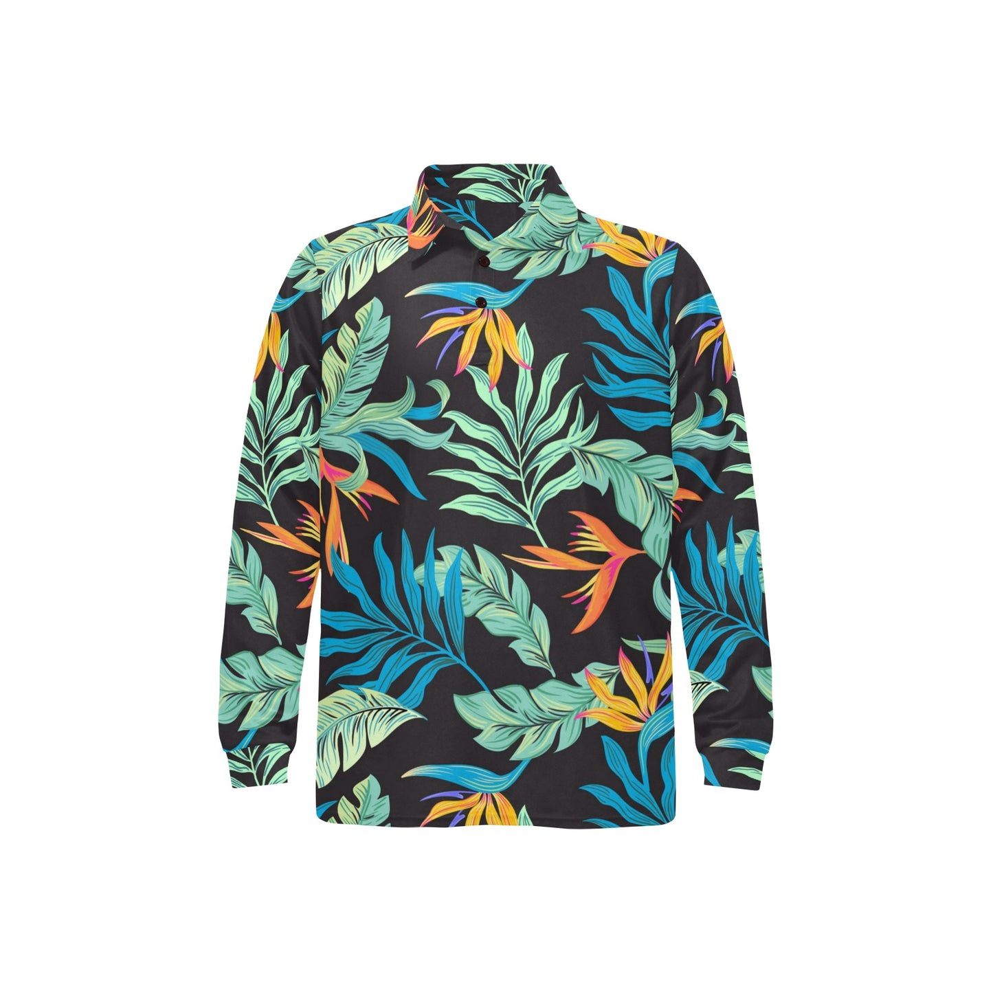 Tropical Palm Leaves Hawaiian Flower Long Sleeve Polo Shirt For Men's