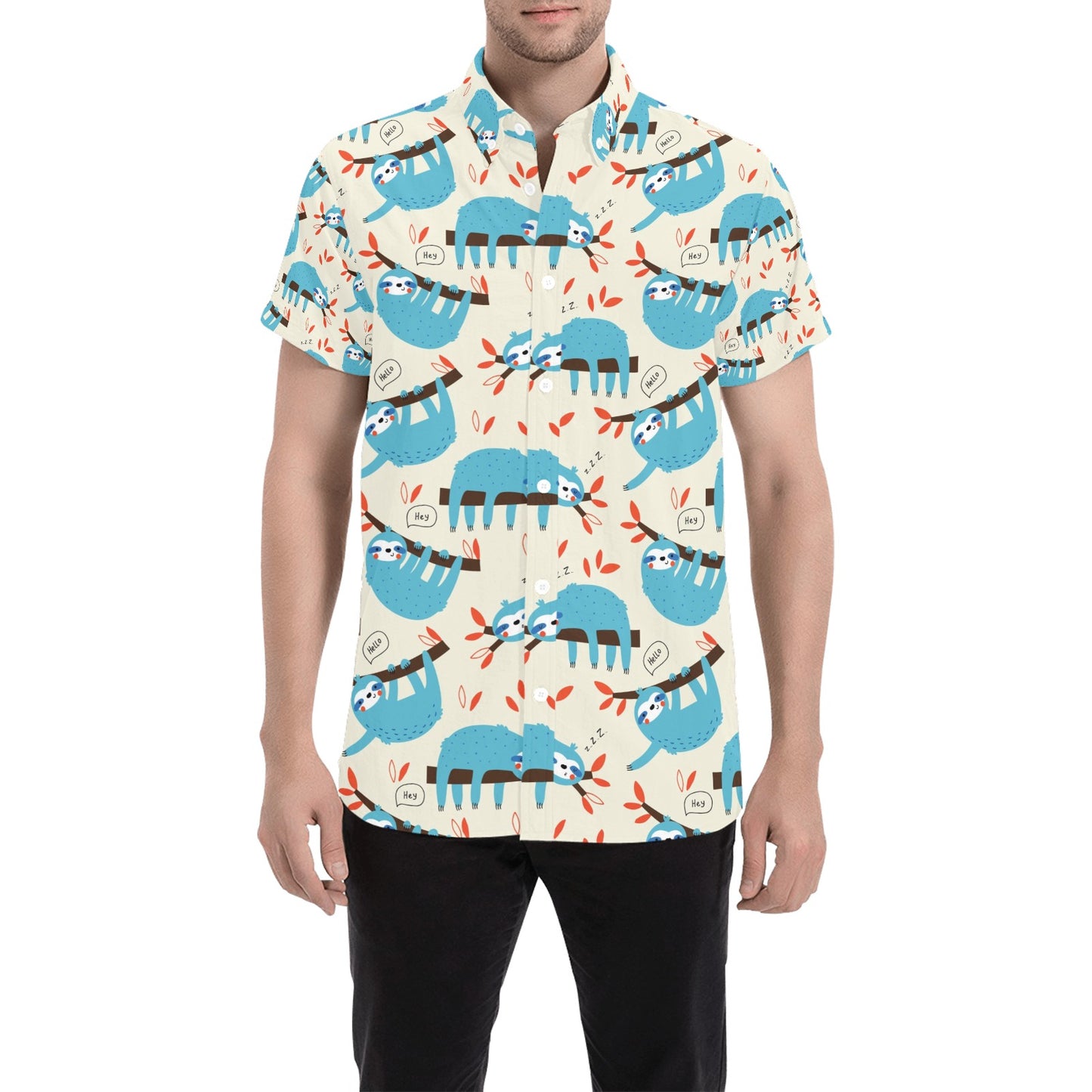 Sloth Print Design LKS3011 Men Short Sleeve Button Up Shirt
