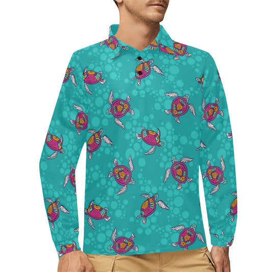 Sea Turtle Pattern Long Sleeve Polo Shirt For Men's