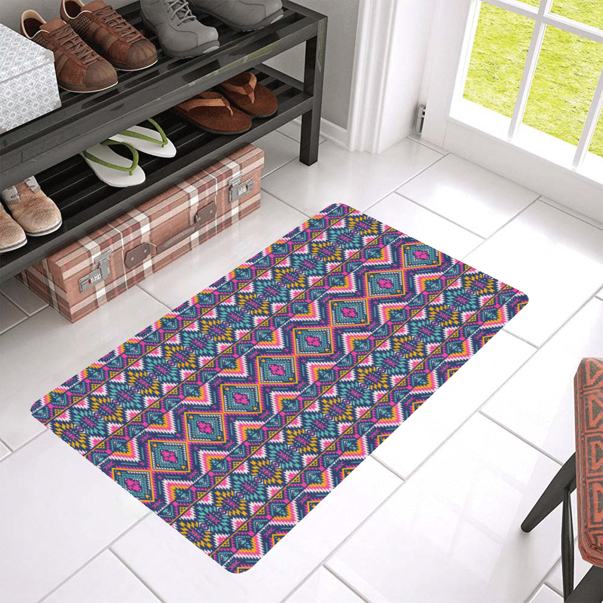 Indian Navajo Pink Themed Design Print Rubber Doormat