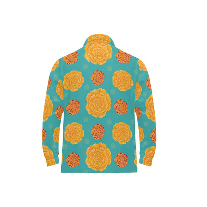 Marigold Pattern Print Design 02 Long Sleeve Polo Shirt For Men's