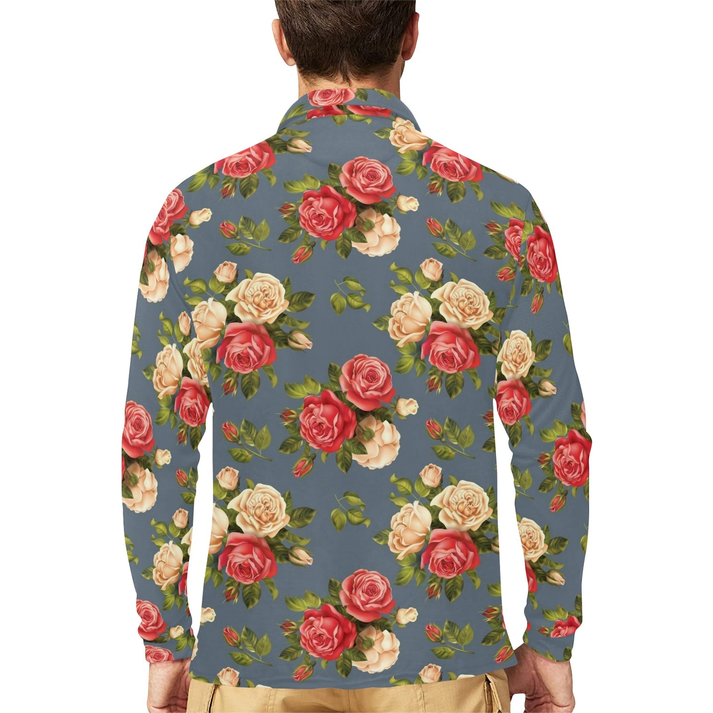 Rose Pattern Print Design RO017 Long Sleeve Polo Shirt For Men's
