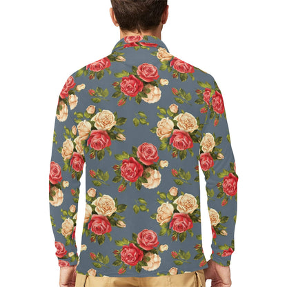 Rose Pattern Print Design RO017 Long Sleeve Polo Shirt For Men's