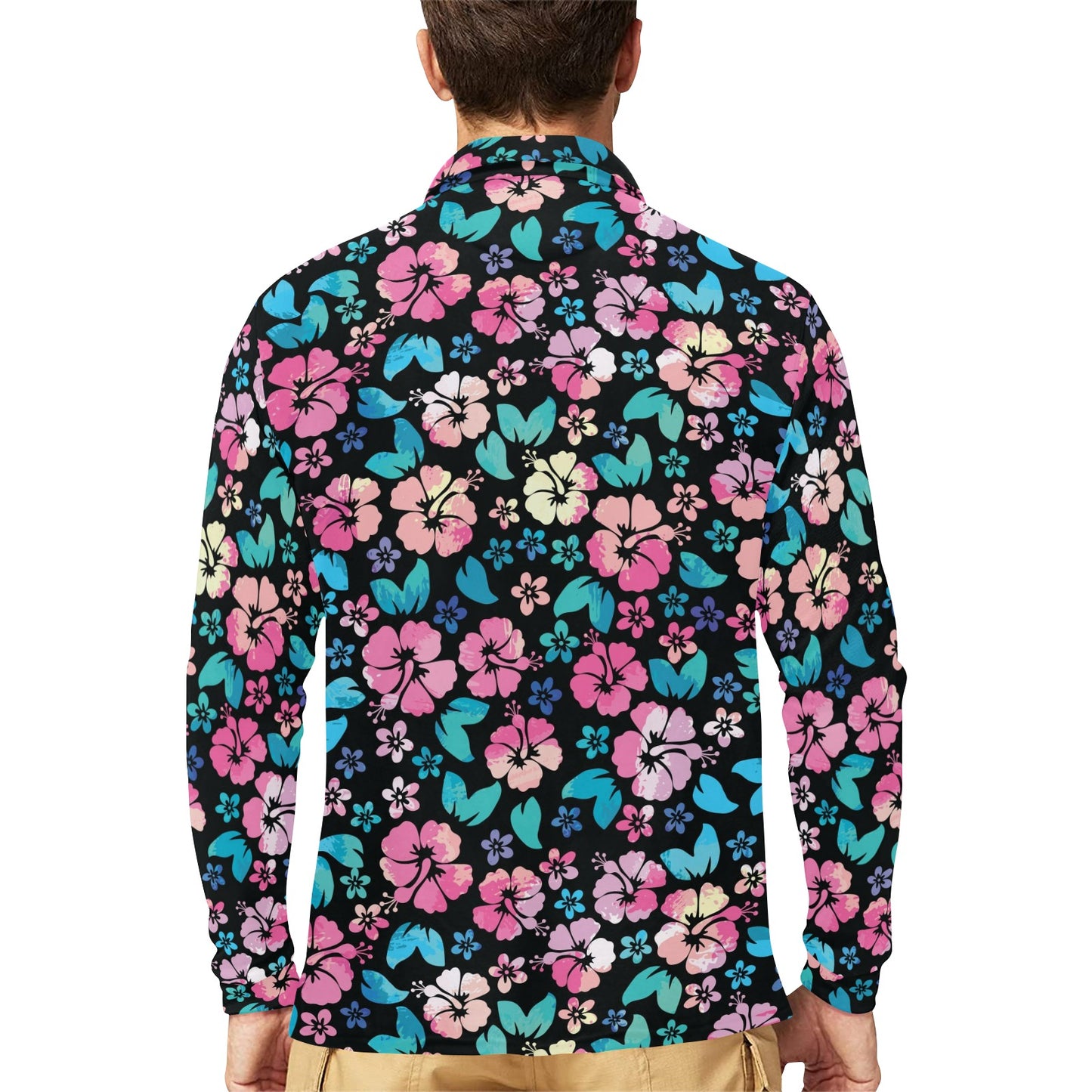 Pink Hibiscus Hawaiian Flower Long Sleeve Polo Shirt For Men's