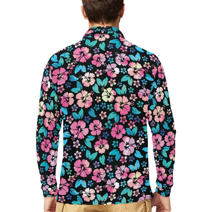 Pink Hibiscus Hawaiian Flower Long Sleeve Polo Shirt For Men's