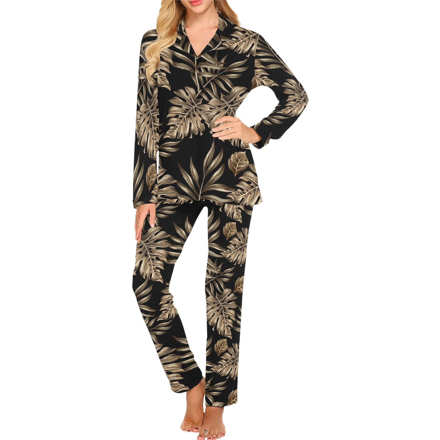 Brown Tropical Palm Leaves Women's Long Pajama Set