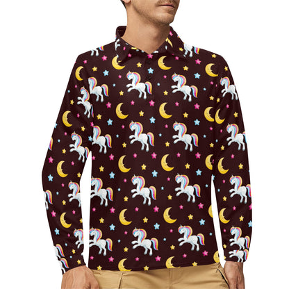 Unicorn Moon Star Long Sleeve Polo Shirt For Men's