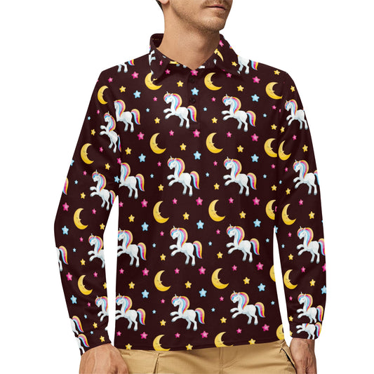 Unicorn Moon Star Long Sleeve Polo Shirt For Men's