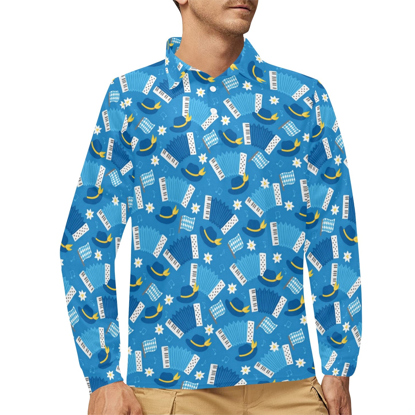 Accordion Print Design LKS401 Long Sleeve Polo Shirt For Men's