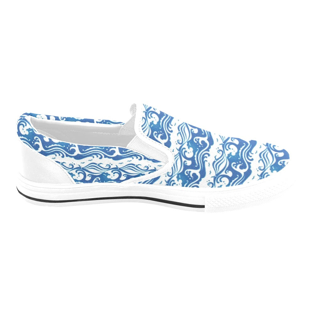 Wave Print Design LKS303 White Slip Ons Canvas Women's Shoes