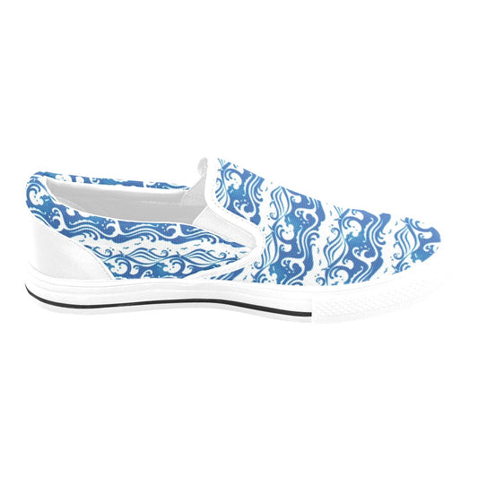 Wave Print Design LKS303 White Slip Ons Canvas Women's Shoes