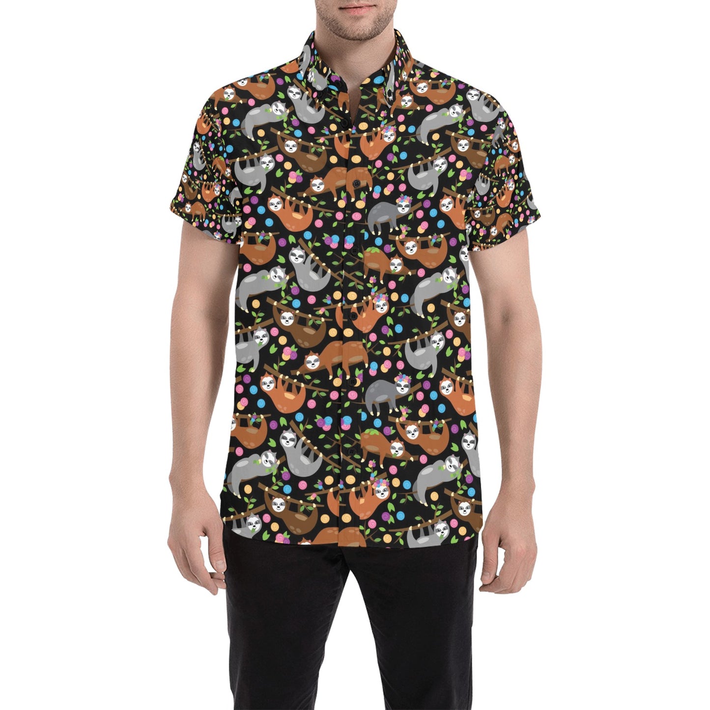 Sloth Print Design LKS306 Men Short Sleeve Button Up Shirt
