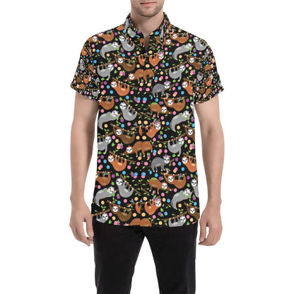 Sloth Print Design LKS306 Men Short Sleeve Button Up Shirt