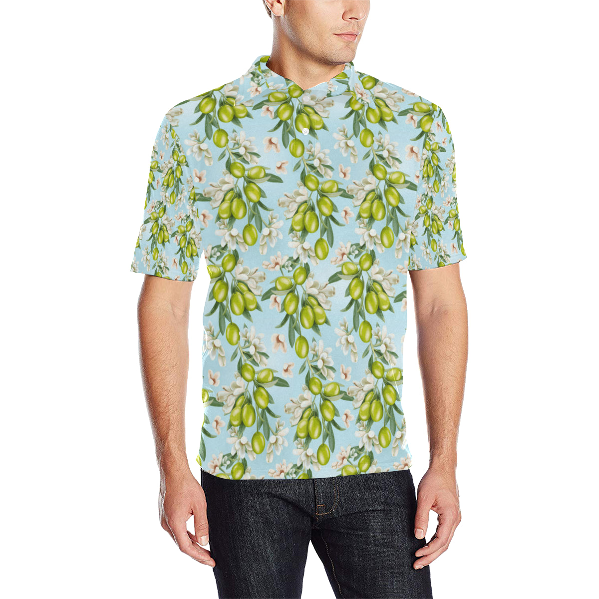 Elegant Olive Floral Print Men Polo Shirt