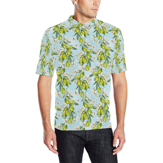 Elegant Olive Floral Print Men Polo Shirt