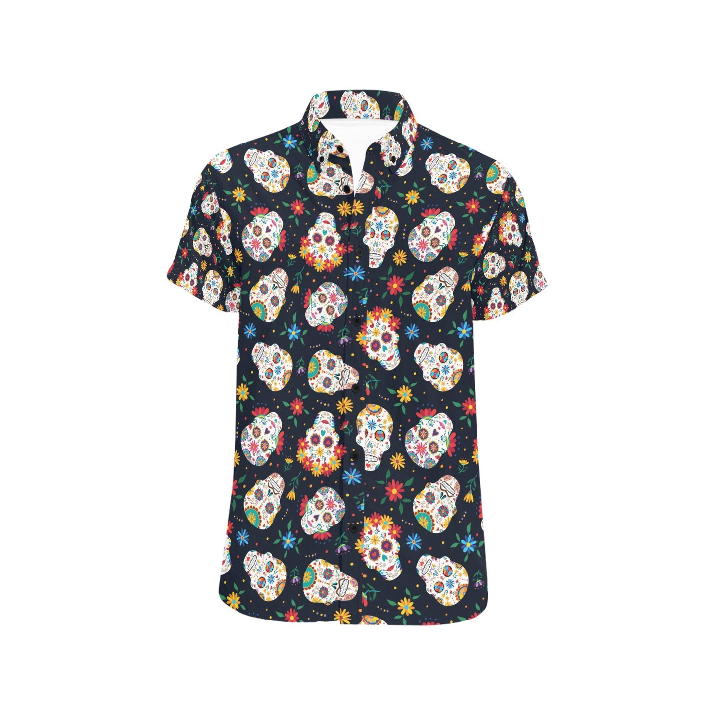 Sugar Skull Print Design LKS305 Men Short Sleeve Button Up Shirt