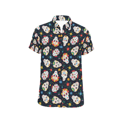 Sugar Skull Print Design LKS305 Men Short Sleeve Button Up Shirt