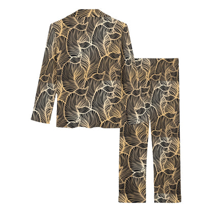 Elegant Gold leaf Print Women's Long Pajama Set