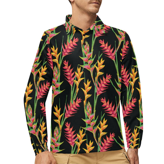Heliconia Pattern Print Design HL01 Long Sleeve Polo Shirt For Men's