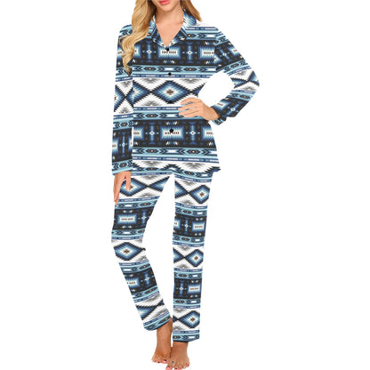 Navajo Dark Blue Print Pattern Women's Long Pajama Set