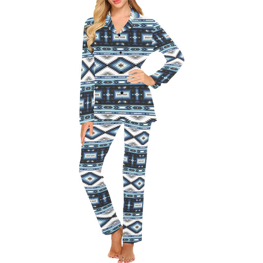 Navajo Dark Blue Print Pattern Women's Long Pajama Set