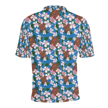 Sea Turtle Pink Hibiscus Hawaiian Print Men Polo Shirt
