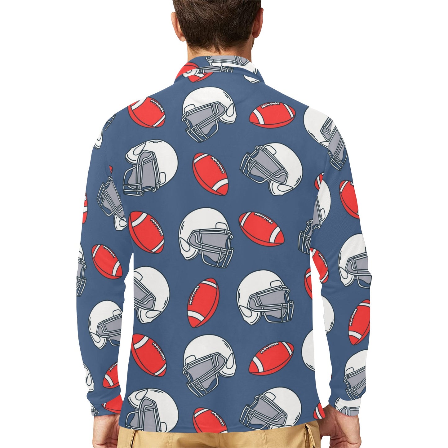 American Football Helmet Design Pattern Long Sleeve Polo Shirt For Men's