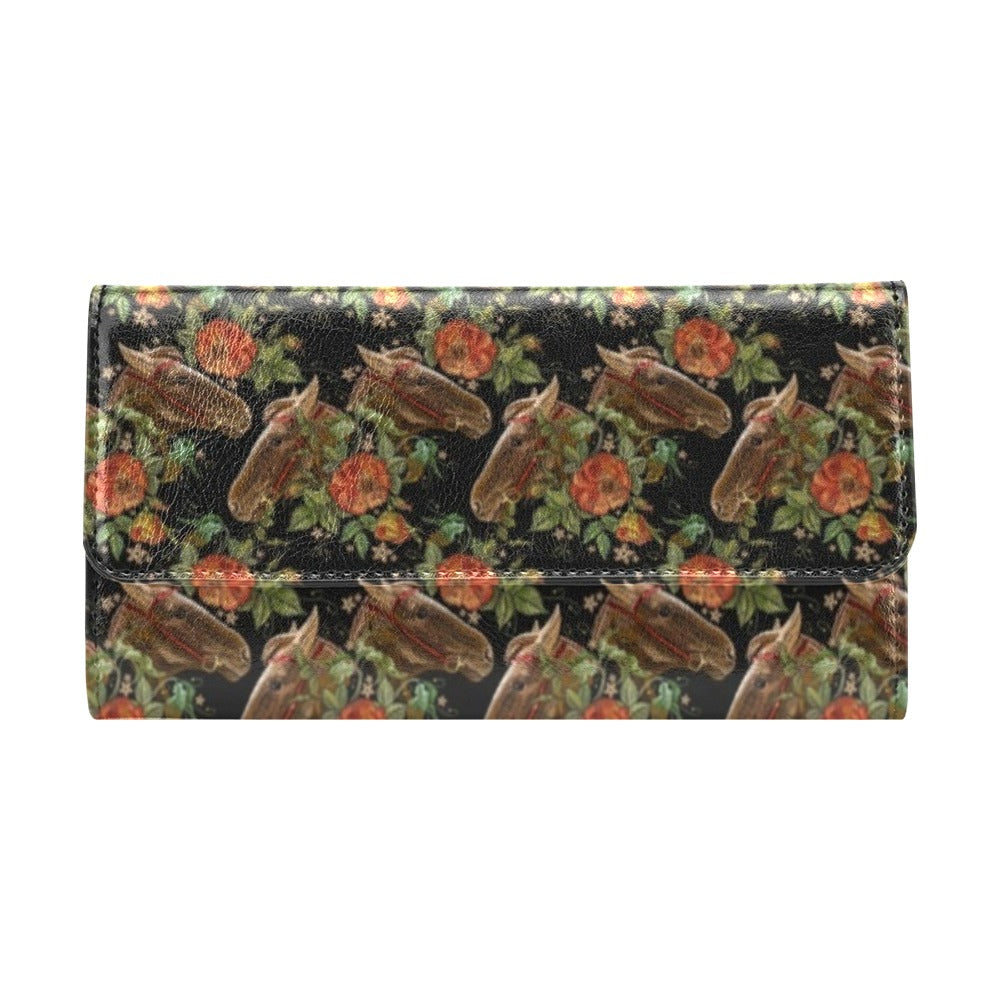 Horse Embroidery with Flower Design Women's Trifold Wallet
