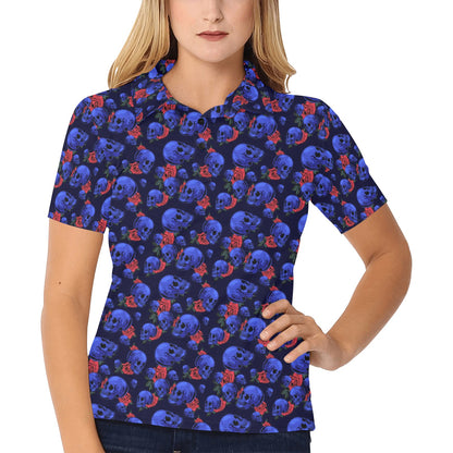 Skull Roses Neon Design Themed Print Women's Polo Shirt