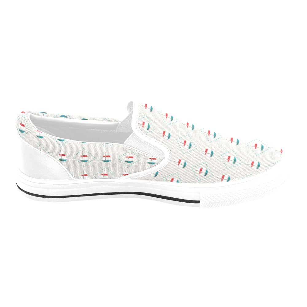 Sailboat Print Design LKS301 White Slip Ons Canvas Women's Shoes