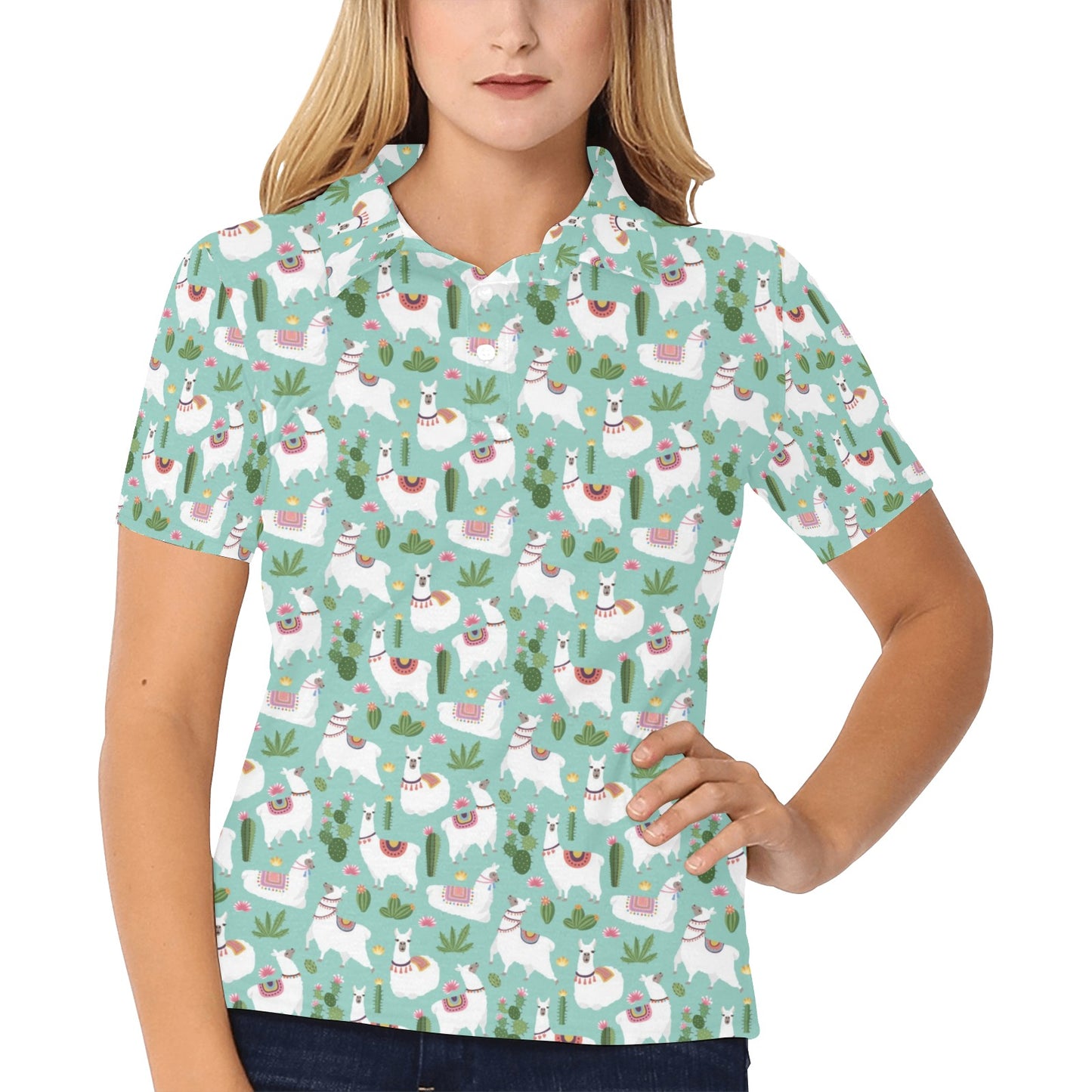 Llama with Cactus Themed Print Women's Polo Shirt