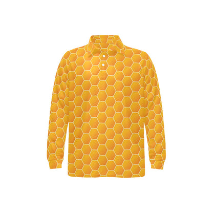 Honey Bee Honeycomb Print Design LKS3011 Long Sleeve Polo Shirt For Men's