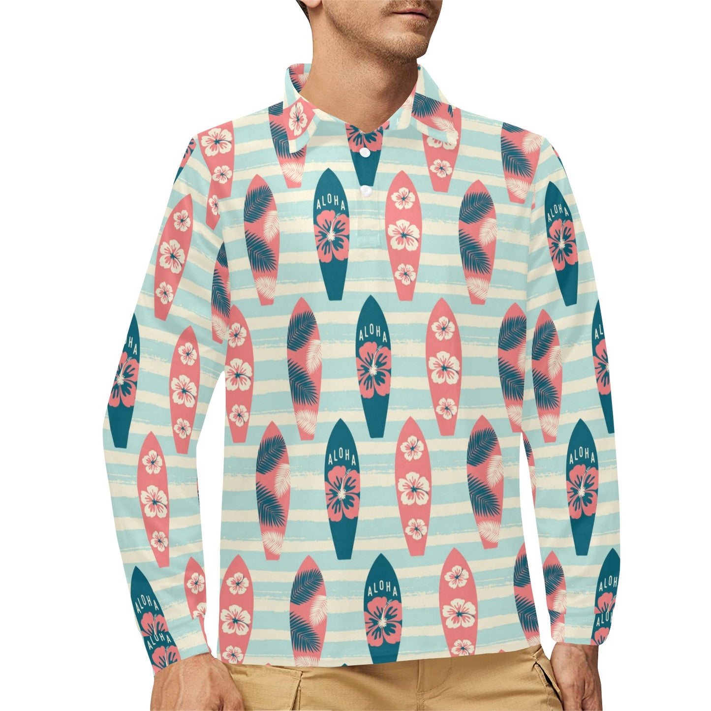 Aloha Hawaii Surfboard Pattern Print Design 02 Long Sleeve Polo Shirt For Men's