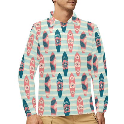 Aloha Hawaii Surfboard Pattern Print Design 02 Long Sleeve Polo Shirt For Men's