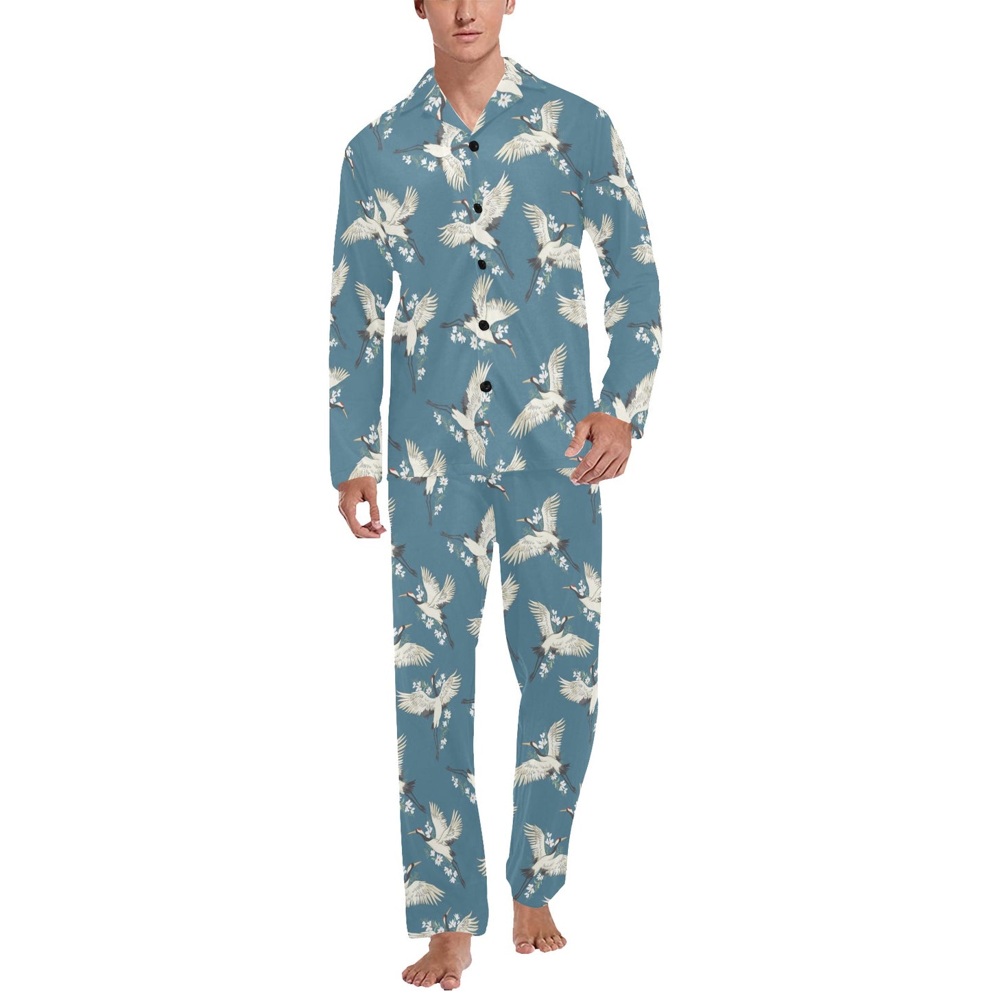 Crane Pattern Print Design 02 Men's Long Pajama Set