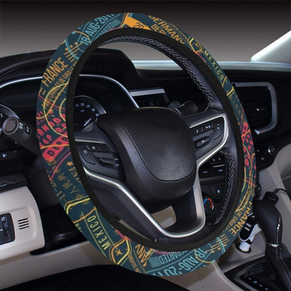 Travel Stamp Colorful Print Design LKS304 Steering Wheel Cover with Elastic Edge