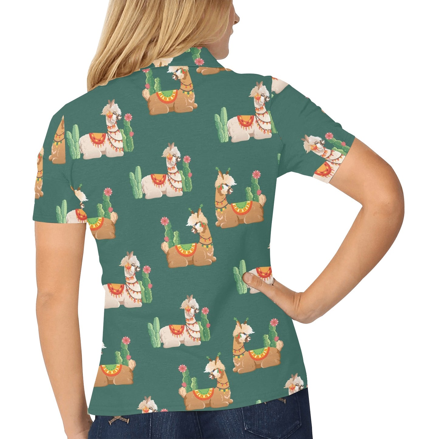 Llama Cactus Pattern Print Design 07 Women's Polo Shirt