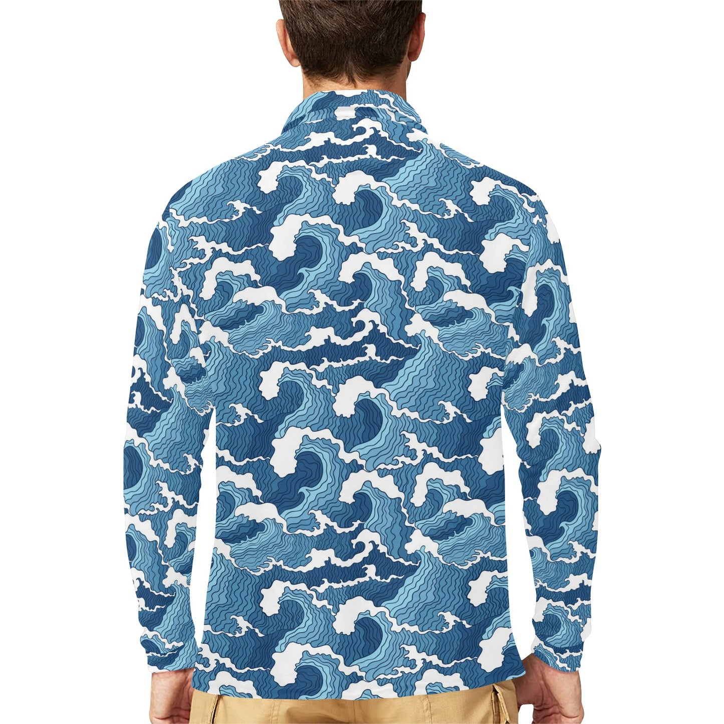 Wave Themed Pattern Print Long Sleeve Polo Shirt For Men's
