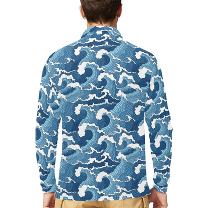 Wave Themed Pattern Print Long Sleeve Polo Shirt For Men's