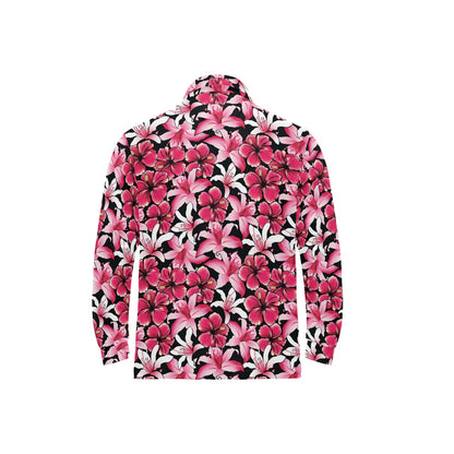 Flower Hawaiian Pink Red Hibiscus Print Long Sleeve Polo Shirt For Men's