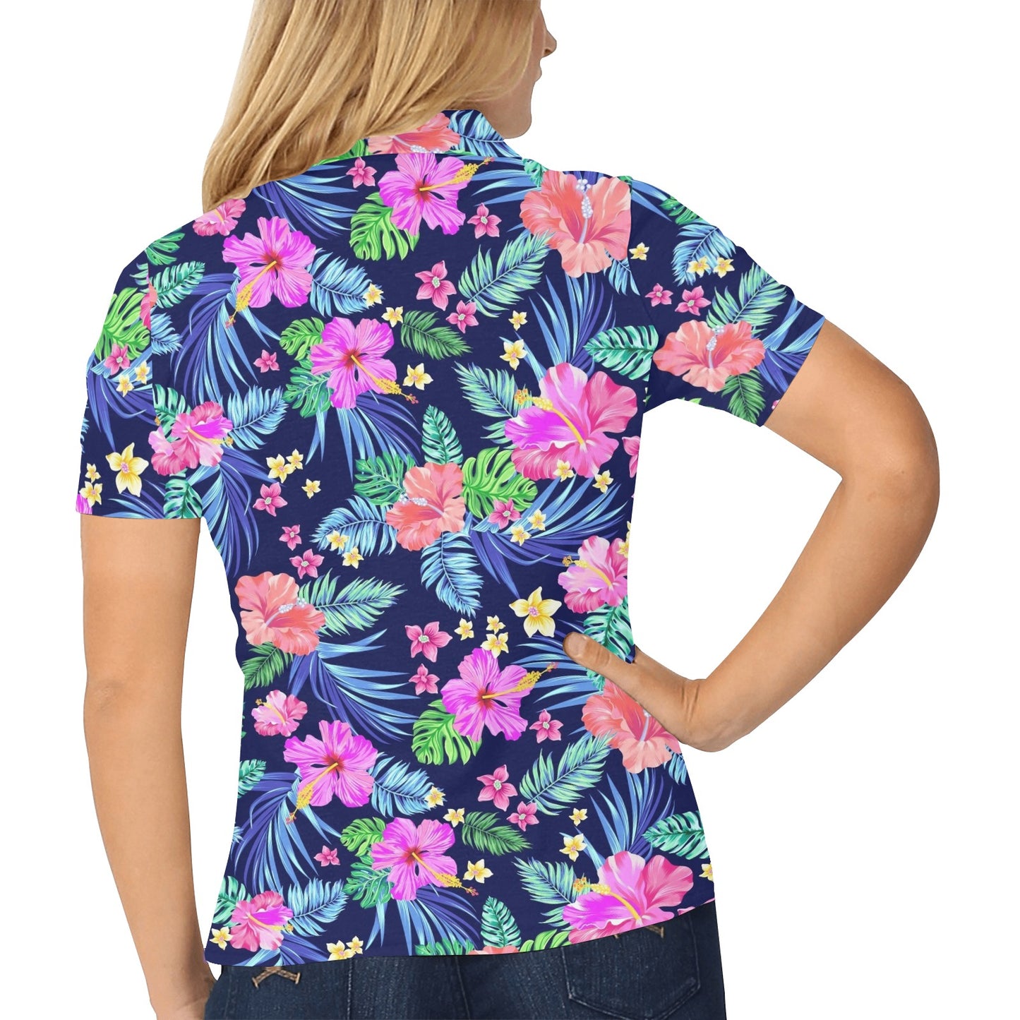 Neon Hibiscus Pattern Print Design HB016 Women's Polo Shirt