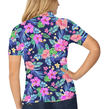 Neon Hibiscus Pattern Print Design HB016 Women's Polo Shirt