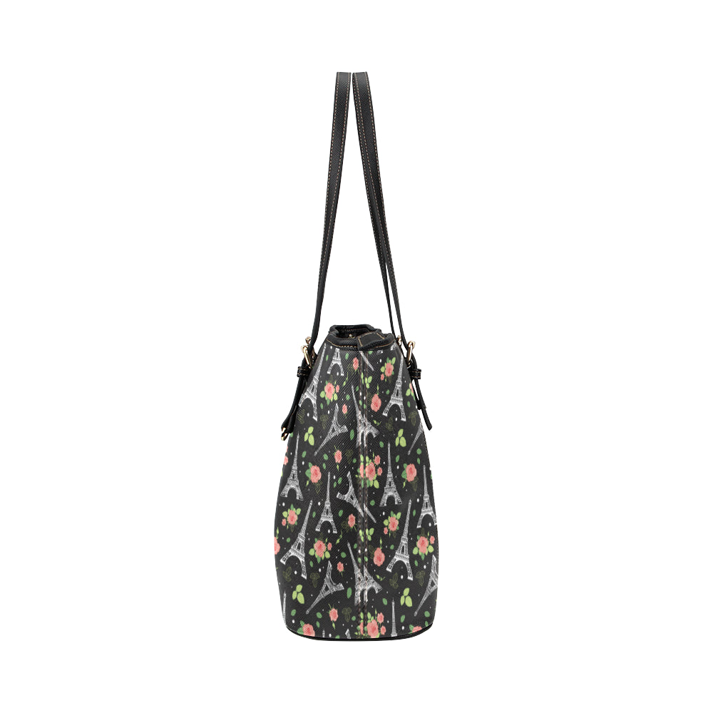 Eiffel Tower Rose Print Leather Tote Bag