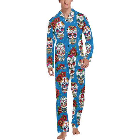 Sugar Skull Rose Pattern Men's Long Pajama Set