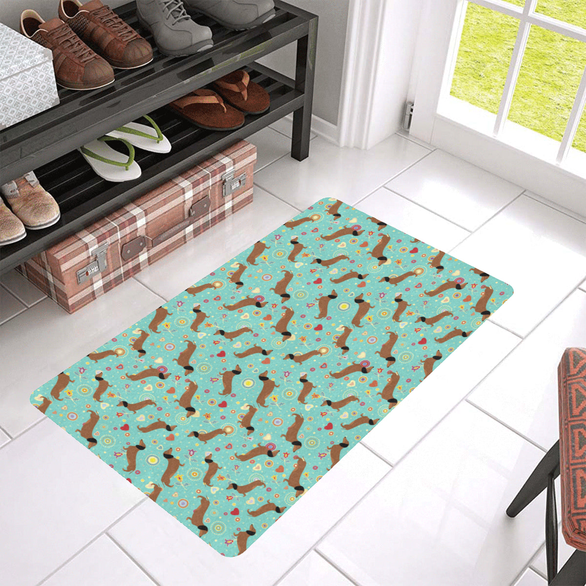 Dachshund with Floral Print Pattern Rubber Doormat